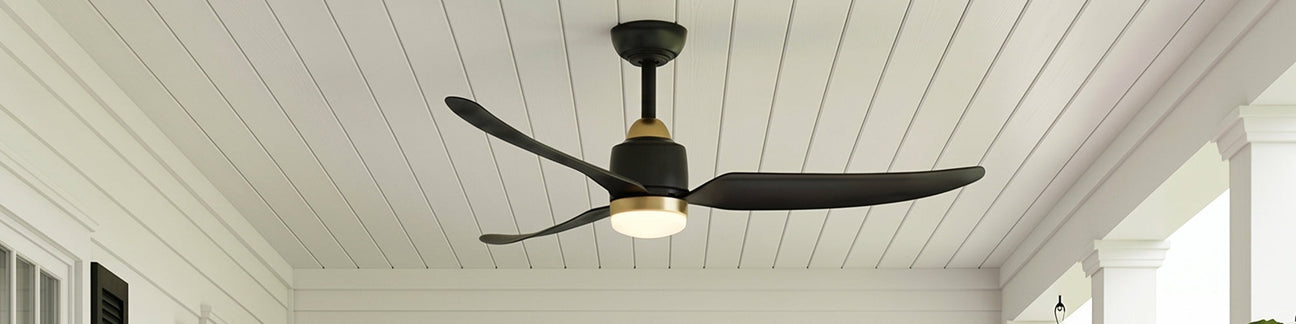 Kent LED Outdoor Smart Ceiling Fan 52", Brushed Brass and Matte Black finish shown on a covered porch.
