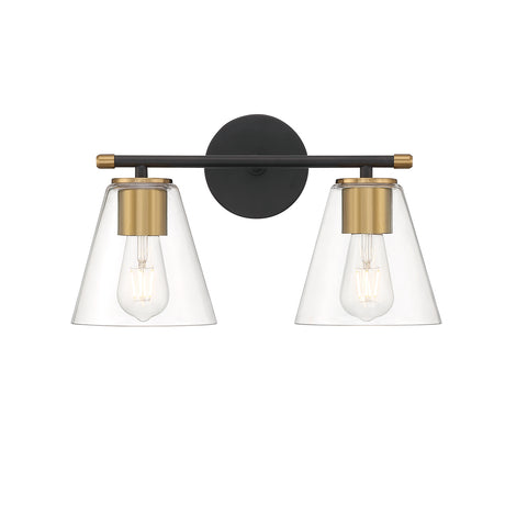 Open Box Carlisle 2 Light Vanity, Matte Black and Brushed Brass with Clear Glass