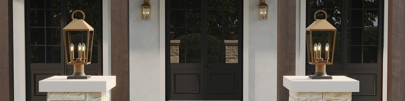 Cole Outdoor Collection Pier-mounted Post Lights shown in Burnished Brass finish.
