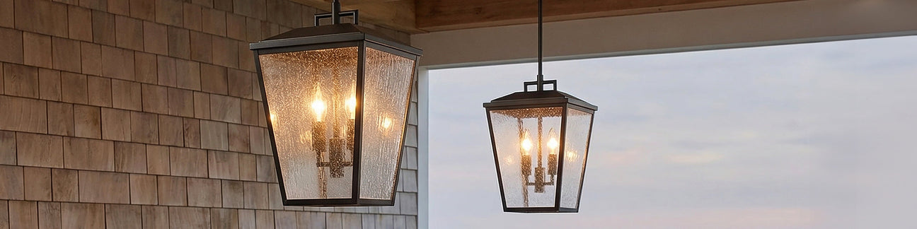 Harrison Outdoor Hanging Lights shown under a porch in a Hamptons home