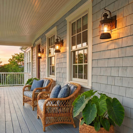 A coastal home porch with weathered bronze wall lanterns glowing on cedar shake siding beside wicker chairs and potted elephant ear plants at dusk.