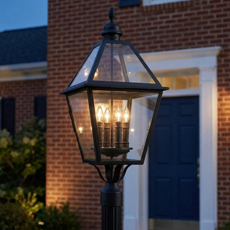 Ashford Outdoor Post Light, Large 32" Black geometric Outdoor Post in a Colonial Outdoor with red brick and a blue door.