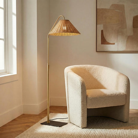 Fiona Floor Lamp 60", Aged Brass and Rattan