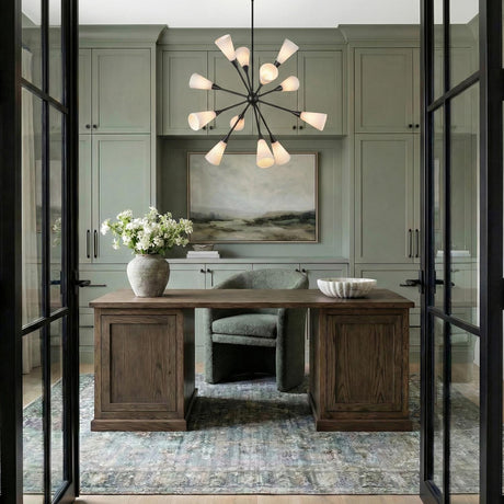 Aurora Chandelier 39", Matte Black and Ribbed Opal Glass
