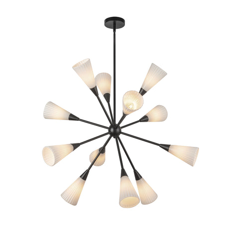 Aurora Chandelier 39", Matte Black and Ribbed Opal Glass