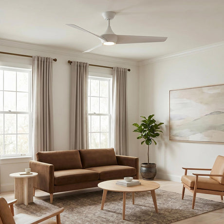 A contemporary living room with a white Dover LED Ceiling Fan 56" in a matte white finish along the ceiling center over a brown sofa and wood table.