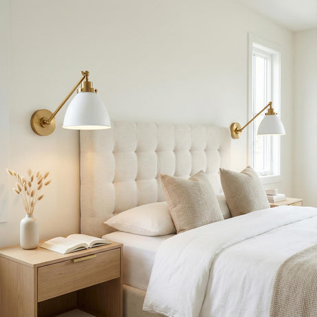 Rodney Adjustable One Arm Wall Sconce, Matte White and Modern Brass