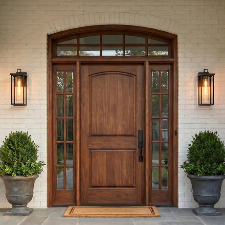 A transitional home entry featuring matte black Sinclair Outdoor Wall Light lanterns flanking a stained wood door on white brick at twilight with boxwood urns.