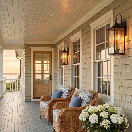 A coastal home porch with matte black wall lanterns glowing on cedar shake siding beside white windows at twilight, featuring wicker chairs and white hydrangeas.