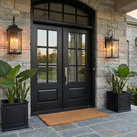 A transitional stone entry with two matte black Lorraine Outdoor Wall Light, Large 26" Black lanterns flanking black double doors at twilight beside large potted greenery.