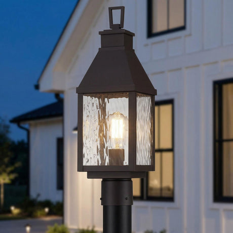 Westin Outdoor Post Light 20", Bronze and Water Glass geometric Outdoor Post in a Modern Farmhouse Outdoor with white board and batten.