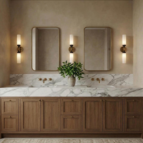Charlton Double Wall Sconce 18", Antique Brass and Bronze geometric Wall Sconce in a Contemporary Bathroom with a white marble vanity.