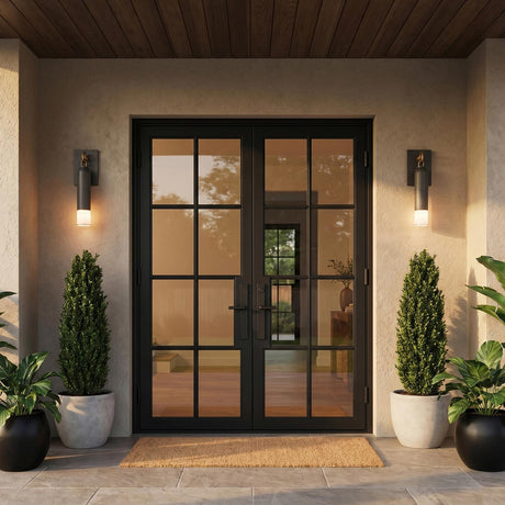 A Mediterranean home entry featuring Langley Outdoor Wall Lights in graphite and patina brass flanking black steel doors at dusk against beige stucco with potted boxwood.