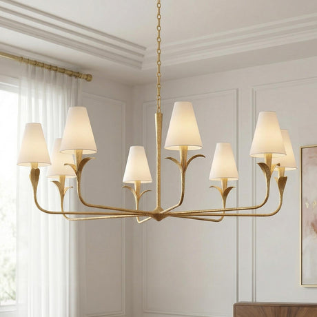 Junia 8 Light Chandelier 58", Textured Gold leaf design Chandelier in a Transitional Dining Room with white paneled walls.