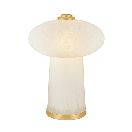 Battery powered Portable Table Lamp in seeded cloud glass and aged brass with light on