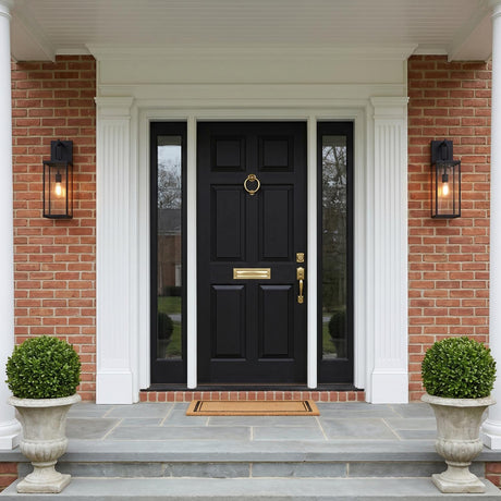 A colonial red brick entry with two Lavelle Outdoor Wall Light, Medium 22", Textured Black lanterns glowing while flanking a black front door with boxwood topiaries.