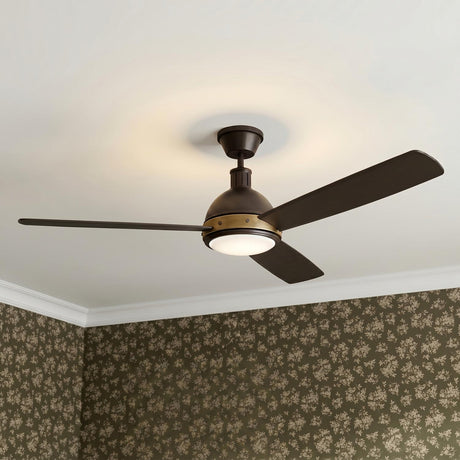 A transitional bedroom featuring the Brant LED Ceiling Fan 60 inch in urban bronze and antique brass finishes centered on a white ceiling with floral patterned wallpaper.