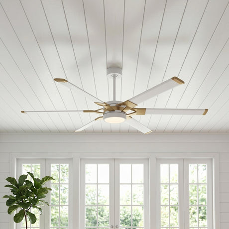 A modern farmhouse living room featuring the Loon LED Ceiling Fan 62", Matte White with Modern Brass, centered on a white shiplap ceiling near French doors.