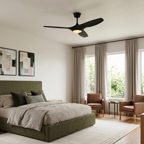 A contemporary bedroom with an Osprey LED Ceiling Fan 52 inch in matte black oak at the ceiling center above a green upholstered bed and leather armchairs.
