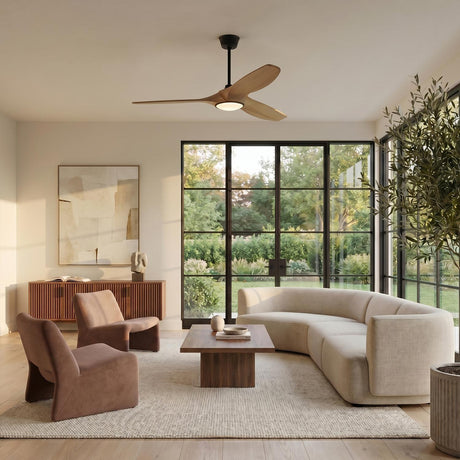 A mid-century living room with an Osprey LED Ceiling Fan 52", Natural Oak with Matte Black, centered above a curved beige sofa and walnut coffee table.