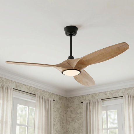 A transitional living room featuring the Osprey LED Ceiling Fan with natural oak blades and a matte black finish centered on a white ceiling beside floral wallpaper.