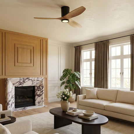 A transitional living room with the Avocet LED Ceiling Fan 52", Matte Black and Natural Oak centered above a purple veined marble fireplace and wood wall paneling.