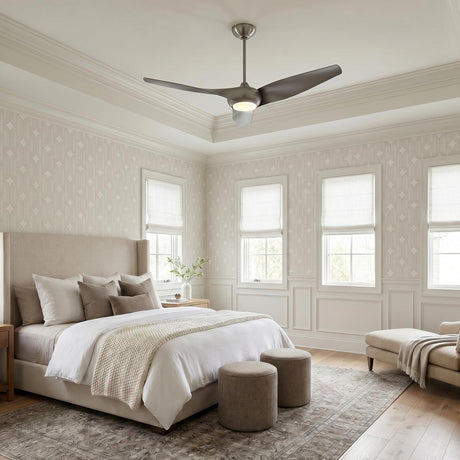 A transitional bedroom with the Krestel LED Ceiling Fan 52", Brushed Steel centered on a coffered ceiling above a neutral upholstered bed and patterned wallpaper.