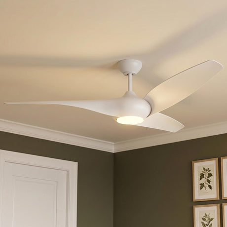 A transitional bedroom with a Krestel LED Ceiling Fan 60" in Matte White mounted in the ceiling center above olive green walls and framed botanical prints.