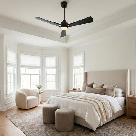 A transitional bedroom with a Mallard LED Ceiling Fan 60", Matte Black centered on the ceiling above a beige upholstered bed and a neutral patterned rug.