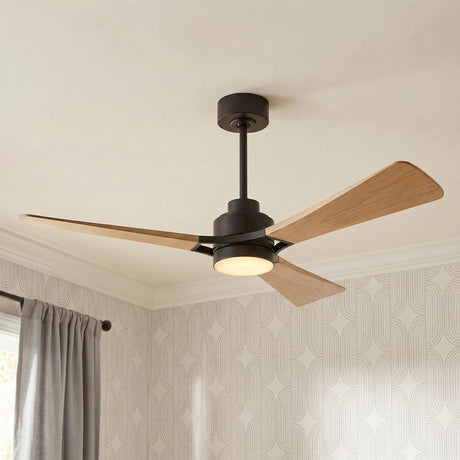A contemporary bedroom featuring the Mallard LED Ceiling Fan 60" with natural oak blades and matte black finish centered on the ceiling near geometric patterned wallpaper.