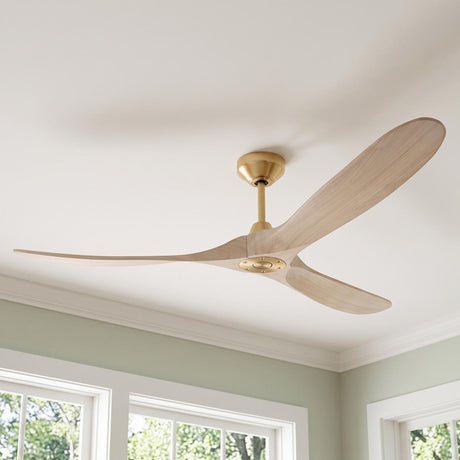 A transitional living room with the Egret Ceiling Fan 70", Whitewash Oak and Modern Brass featuring brushed brass hardware and sculptural wood blades against sage green walls.