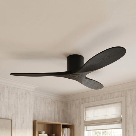 A transitional living room featuring an Eider Ceiling Fan 52-inch Matte Black Oak mounted to the ceiling center above a wooden bookcase and neutral textured wallpaper.