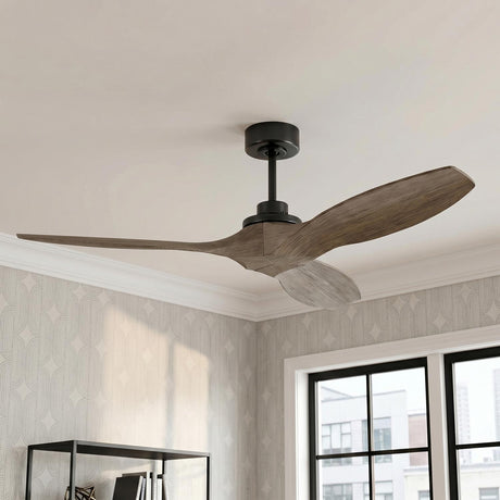 A transitional office featuring a Heron Smart Ceiling Fan with gray wash oak blades and aged pewter finish above a black metal bookshelf and patterned wallpaper.