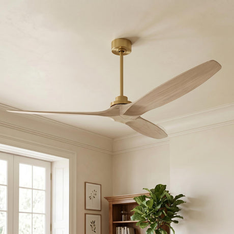 A contemporary living room featuring the Heron Smart Ceiling Fan with whitewash oak blades and modern brass hardware mounted at the ceiling center near a fiddle leaf fig.