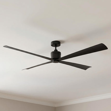 A modern living room with the Sora Ceiling Fan 72", Matte Black installed in the ceiling center above neutral walls and white crown molding.