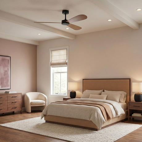 A mid-century bedroom with the Willet Smart Ceiling Fan 60", Matte Black and Natural Oak centered on a beamed ceiling above a tan bed and walnut dresser.