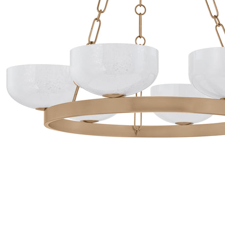 Halcyon 6 Light Chandelier 32", Patina Brass and Seeded Cloud Glass