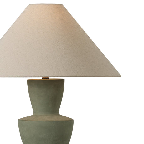 Close-up of beige linen conical shade with moss green ceramic table lamp.