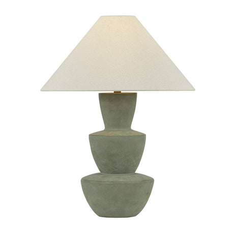 Andrea modern table lamp with a three-tiered stacked ceramic base in a muted moss green color and a tapered off-white fabric shade.