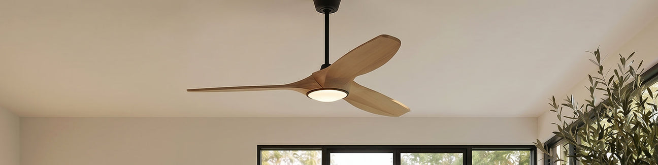 Osprey LED Smart Ceiling Fan 52", Natural Oak with Matte Black finish shown in a modern home with beige walls.